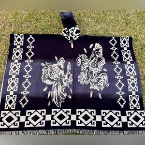 Handcrafted alpaca poncho with roosters designs on, one size, unisex, hooded.